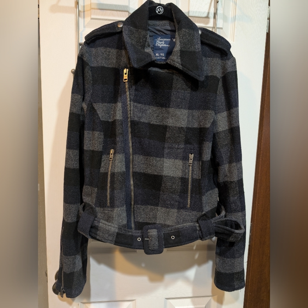 American Eagle Y2K Moto Jacket Zip Plaid Blue - Picture 7 of 7